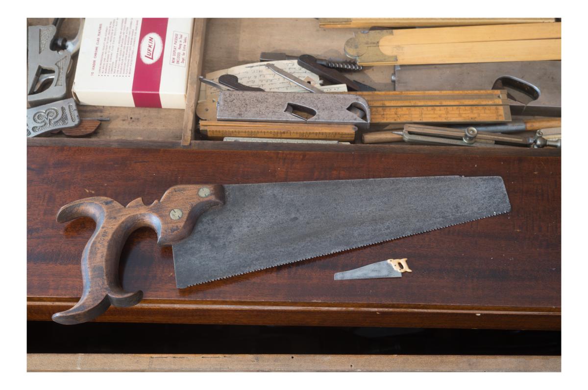 My mini - doll house scale panel saw nested under a mid-19th century short 12
