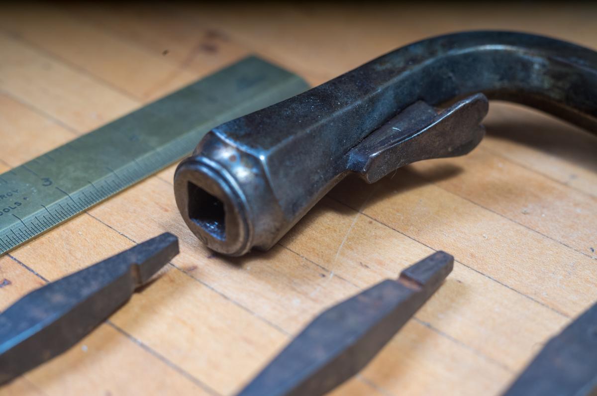 The Scotch brace is loaded with wonderful forged details like the heart shaped bit release button.