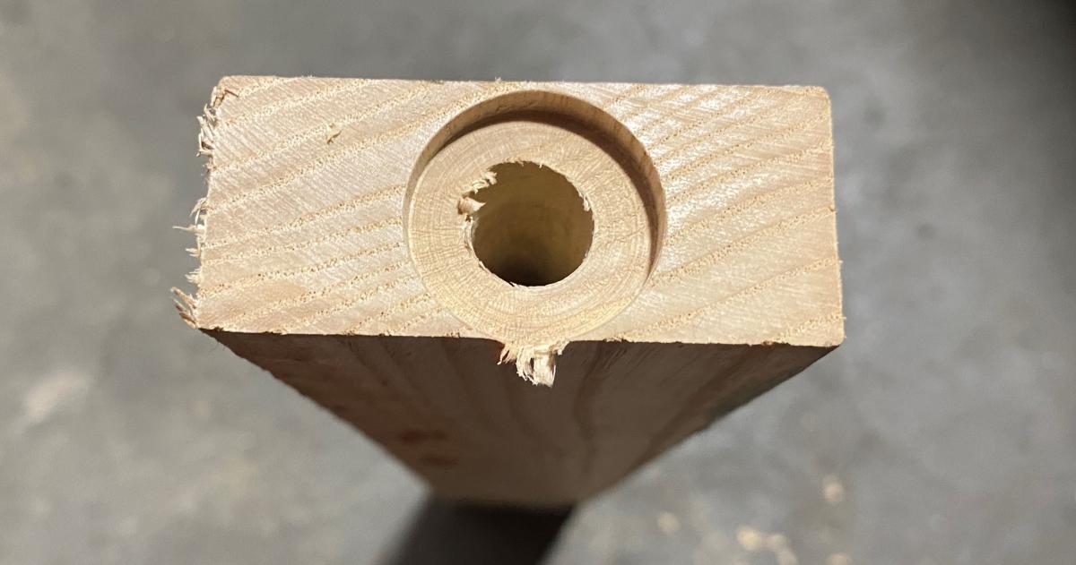 Very large counterbored hole and pilot bit. I only drilled down a bit here so you can still see everything