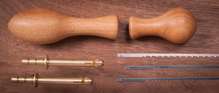  alt="Bow Saw Kit w/handles -  pair of pins,  handle and toe, and three blades"